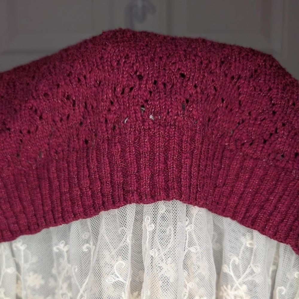 Justice Big Girls Size 16 Open Knit Sweater Lace Trim Berry Metallic - Picture 3 of 6